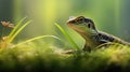 A lizard is sitting on the grass in front of some green plants, AI Royalty Free Stock Photo