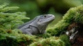 A lizard is sitting on a mossy log in a green forest Royalty Free Stock Photo