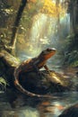 A lizard is sitting on a rock in a forest Royalty Free Stock Photo
