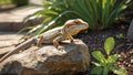 Lizard sunning itself on rock beside garden path Royalty Free Stock Photo
