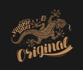 Lizard t-shirt design. Drawn animal vintage vector illustration