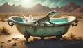 A lizard taking a bath in an antique tub in the middle of the desert