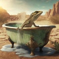 A lizard taking a bath in the desert in an antique tub