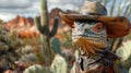 A lizard wearing a cowboy hat in a desert Royalty Free Stock Photo