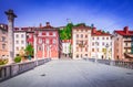 Ljublijana, Slovenia. Cobblers\' Bridge is a picturesque pedestrian bridge, known for its colorful facade