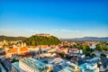 Ljubljana City Center Aerial View with Ljubljana Castle in the Background during a Sunny Day