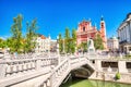 Ljubljana City Center during a Sunny Day overlooking the Triple Bridge and Beautiful Franciscan Church