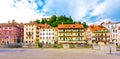 Ljubljana city street panorama view. Old buildings and historic architecture. The old castle on the hill in the city. Ljubljana is