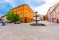 Ljubljana fountain on the city square. Old architecture and historic buildings in Slovenia capital city. Beautiful panorama of old