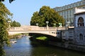 Ljubljana, L, Slovenia - August 15, 2023:  famous bridge called Zmajski most with statues of great dragons and river Royalty Free Stock Photo