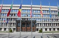 Ljubljana, L, Slovenia - August 15, 2023: Slovenian Parliament Building of the European capital and more flags