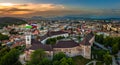 Ljubljana, Slovenia - Aerial panoramic view of Ljubljana castle on a summer afternoon with Ljubljana Cathedral at sunset Royalty Free Stock Photo