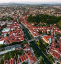 Ljubljana, Slovenia - Aerial panoramic view of Ljubljana on a summer afternoon with Franciscan Church of the Annunciation Royalty Free Stock Photo