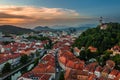 Ljubljana, Slovenia - Aerial view of Ljubljana on a summer afternoon with Franciscan Church of the Annunciation, Ljubljana Castle Royalty Free Stock Photo