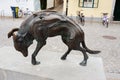 LJUBLJANA, SLOVENIA - AUGUST 15, 2017: Modern statue of dog by Jacov Brdar on Butcher Bridge