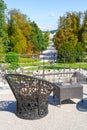 Ljubljana, Slovenia - August 16, 2018: An outdoor terrace with views to JakopiÃÂ Promenade in front of the Tivoli Castle at Tivoli