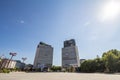 Panorama of the Trg Republike of Ljubljana, or Republic Square, with the Cankarjev Dom and the TR2 and TR3 skyscraper.