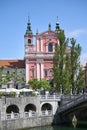 LJUBLJANA, SLOVENIA - MAY 18, 2022: Preseren square and Franciscan Church of the Annunciation, Ljubljana, Slovenia, Europe Royalty Free Stock Photo
