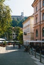 Ljubljana, Slovenia - September, 8 2018: A beautiful quiet street in the centre of Ljubljana, Slovenia with people relaxing