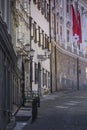 LJUBLJANA, SLOVENIA - SEPTEMBER 24, 2016: Beautiful street in old city centre near the city hall in Ljubljana. Ljubljana is the c Royalty Free Stock Photo