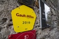 Guide Gault & Millau logo in front of a restaurant recommended by the book in 2019 in Ljubljana. Royalty Free Stock Photo