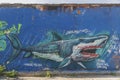 Ljubljana, Slovenia, September 2020: Graffiti depicting a shark with painted lips