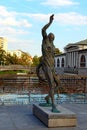 Modern view of Prometheus. Metal statue on Butcher`s bridge in Ljubljana.