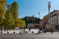 Ljubljana, Slovenia - 09 04 2017: View to the Ljubljana castle over the Congress Square Royalty Free Stock Photo