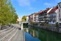 Ljubljanica river canal flowing through Ljubljana, capital city of Slovenia