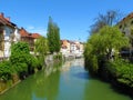 Ljubljanica river flowing through Ljubljana city in Slovenia