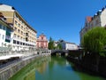 Ljubljanica river flowing through Ljubljana city in Slovenia