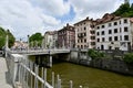 The Ljubljanica River in Ljubljana, Slovenia, With Busy Summer Crowds on the Riverwalk