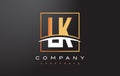 LK L K Golden Letter Logo Design with Gold Square and Swoosh.