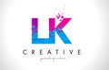 LK L K Letter Logo with Shattered Broken Blue Pink Texture Design Vector.