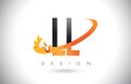 LL L Letter Logo with Fire Flames Design and Orange Swoosh.