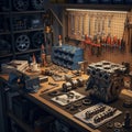 Ll-organized workshop features a wooden workbench with a variety of Royalty Free Stock Photo