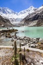 Llaca lagoon in the peruvian Andes and Ocshapalpa peak and Ranrapalca peak