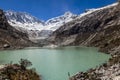 Llaca lagoon in the peruvian Andes and Ocshapalpa peak and Ranrapalca peak