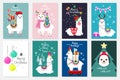 Cute llama and alpaca with Christmas holidays theme. Cute design for nursery, poster, Merry Christmas, birthday greeting card. Royalty Free Stock Photo