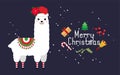 Cute llama and alpaca with Christmas holidays theme. Cute design for nursery, poster, Merry Christmas, birthday greeting card. Royalty Free Stock Photo