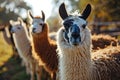 llama or alpaca in a herd in a fenced in area on a farm