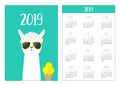 Llama alpaca and icecream. Simple pocket calendar layout 2019 new year. Week starts Sunday. Cute cartoon character. Vertical