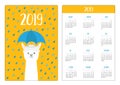 Llama alpaca, rain umbrella. Simple pocket calendar layout 2019 new year. Week starts Sunday. Cute cartoon character. Vertical