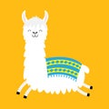 Llama alpaca running jumping. Cute cartoon funny kawaii smiling character. Childish baby collection. Fluffy hair fur. T-shirt, gre