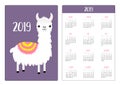 Llama alpaca. Simple pocket calendar layout 2019 new year. Week starts Sunday. Vertical orientation. White wool fur. Cute cartoon