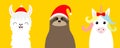 Llama alpaca, sloth face set in red Santa hat. Merry Christmas. Happy New Year. Cute cartoon funny kawaii character. Greeting card