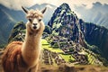 Llama in the ancient city of Machu Picchu, Peru, Lama And Machu Picchu, AI Generated Royalty Free Stock Photo