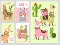 Llama. Baby llamas cute alpaca and cacti wild peru camel, girl party invitation vector set