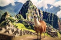 Llama on the background of the ancient city of Machu Picchu, Lama And Machu Picchu, AI Generated Royalty Free Stock Photo
