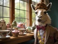 Llama in bow tie serves tea